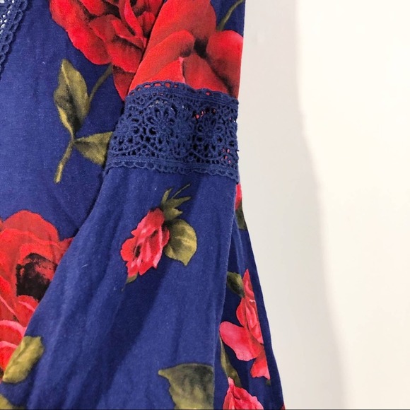 Forever 21 Floral Print Long Sleeve Shift Dress Blue Red with Lace Size Small - Picture 5 of 8